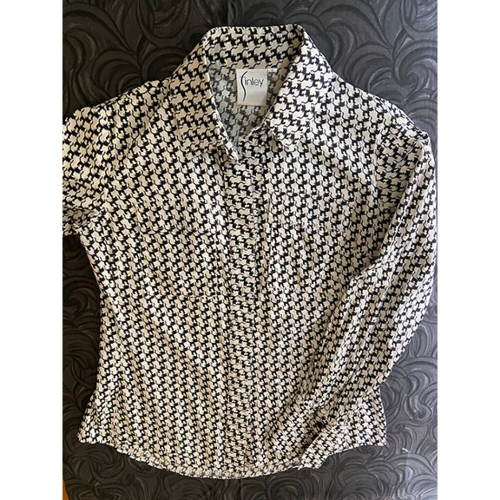 Finley: Black cat patterened shirt. Cream and black long sleeve shirt, Size S